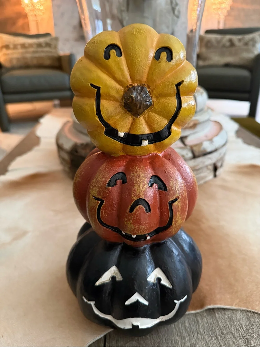 Stacked Pumpkin Smiles Halloween Table Accent - Yellow, Orange, Black